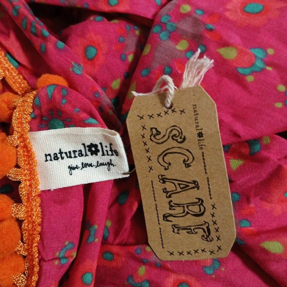 Natural Life Pom Pom Balls Women Infinity Scarf Coral Orange Floral Boho Mandala